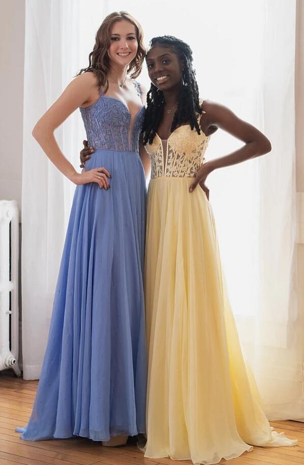 Chiffon A-line Long Prom Dress with Leaf Lace Top PC1338