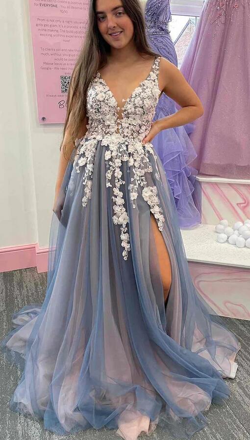 Tulle V-Neck Appliques Backless A-Line Long Prom Dress PC1340
