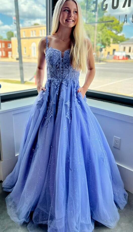 Tulle Appliques Lace-Up A-Line Long Prom Dress PC1341
