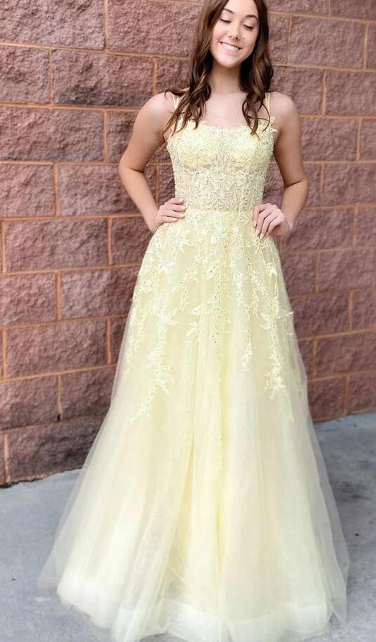 Yellow Tulle Applique Lace-Up Long Prom Dress PC1342