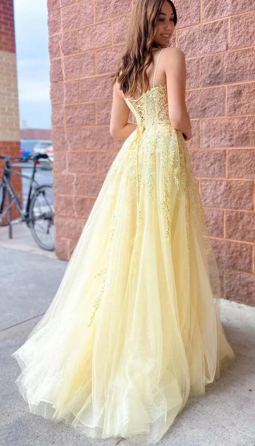 Yellow Tulle Applique Lace-Up Long Prom Dress PC1342