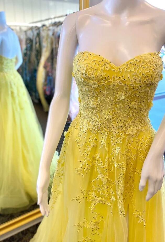Yellow Floral Lace Sweetheart A-Line Long Prom Dress PC1343