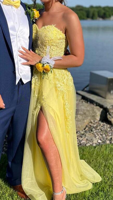 Yellow Floral Lace Sweetheart A-Line Long Prom Dress PC1343
