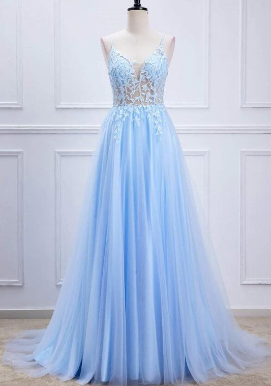Lace-Up Light Blue Sheer Corset A-Line Long Prom Dress PC1344