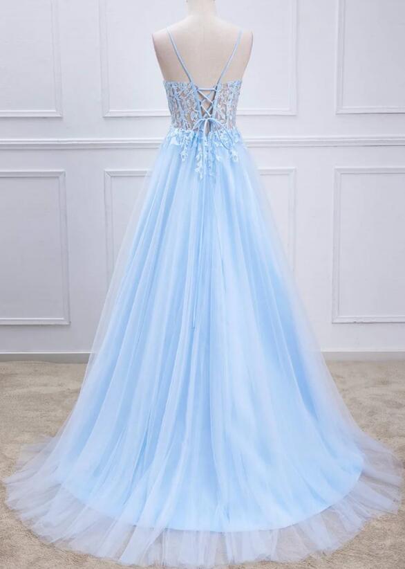 Lace-Up Light Blue Sheer Corset A-Line Long Prom Dress PC1344