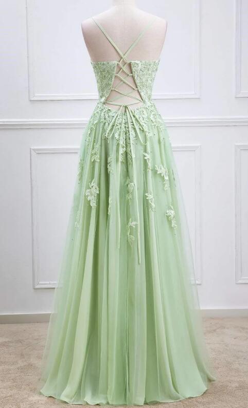 Plungin V-Neck Sage Green Straps Appliques Tulle Prom Dress PC1345