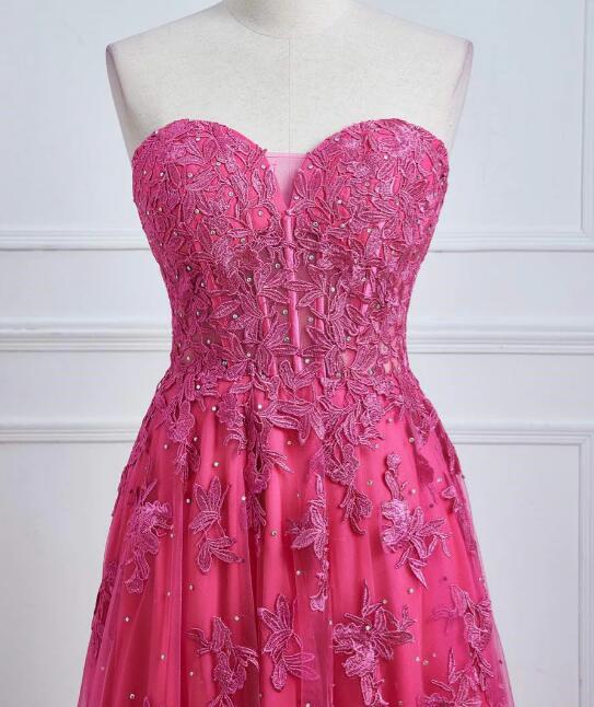 Sweetheart Hot Pink Lace Corset Prom Dress with Slit PC1346
