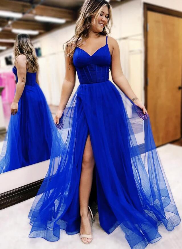 Straps Royal Blue  Long Prom Dress with Slit PC1347