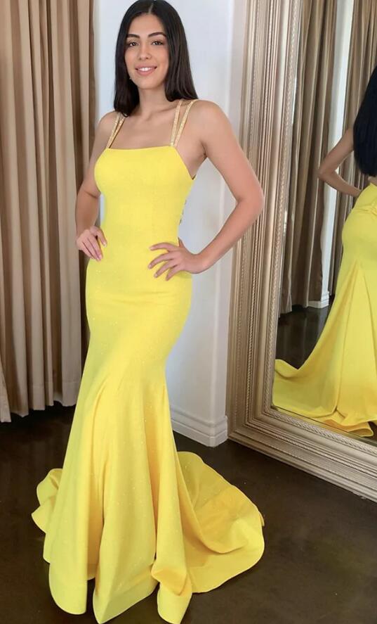 Straps Yellow Mermaid Long Prom Dress PC1348