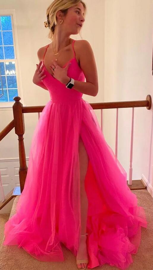 Hot Pink Lace-Up Back Pleated A-line Long Prom Dress  PC1351
