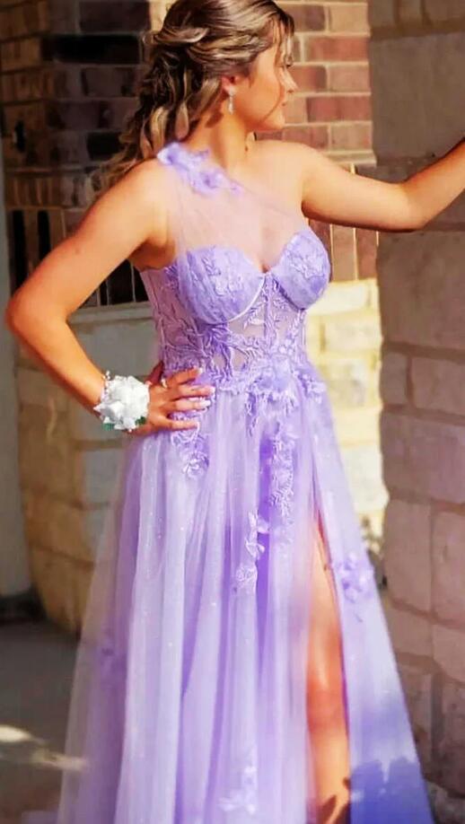 One Shoulder Tulle/Lace Long Prom Dress   PC1353