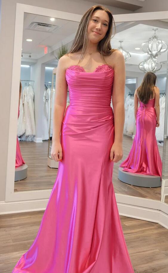Mermaid Sweetheart Pink Satin Long Prom Dresses PC1356
