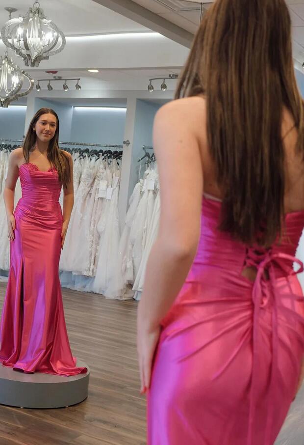 Mermaid Sweetheart Pink Satin Long Prom Dresses PC1356
