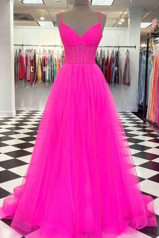 Tulle Plunging V Strapes Long Prom Dress, PC1360