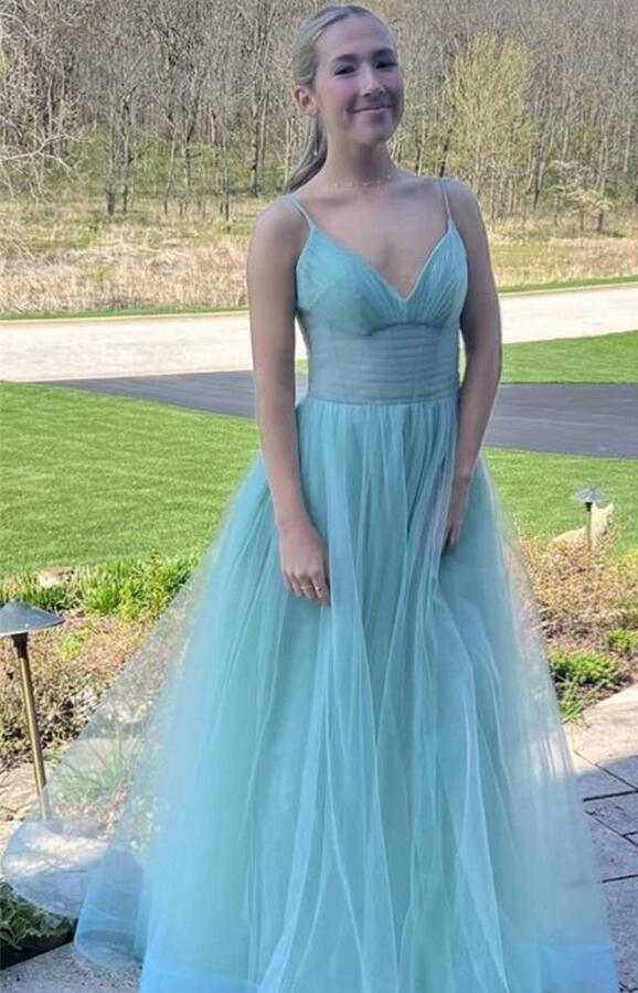 Tulle Plunging V Strapes Long Prom Dress, PC1360