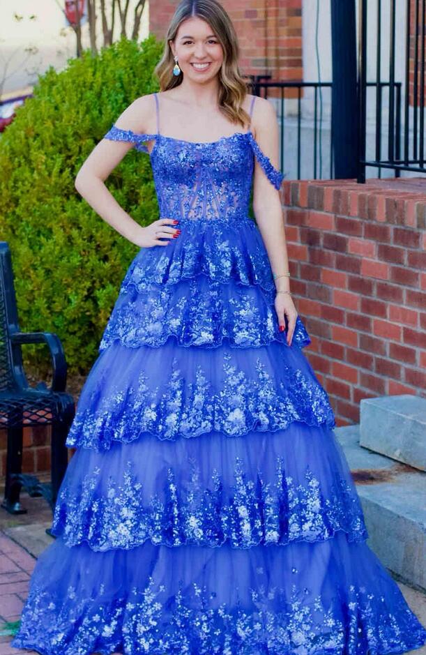 Light Blue Sequin Lace Ruffle Tiered Long Prom Dress, PC1361