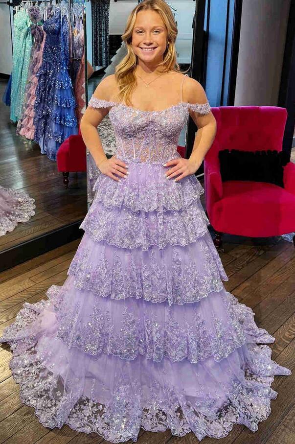 Light Blue Sequin Lace Ruffle Tiered Long Prom Dress, PC1361