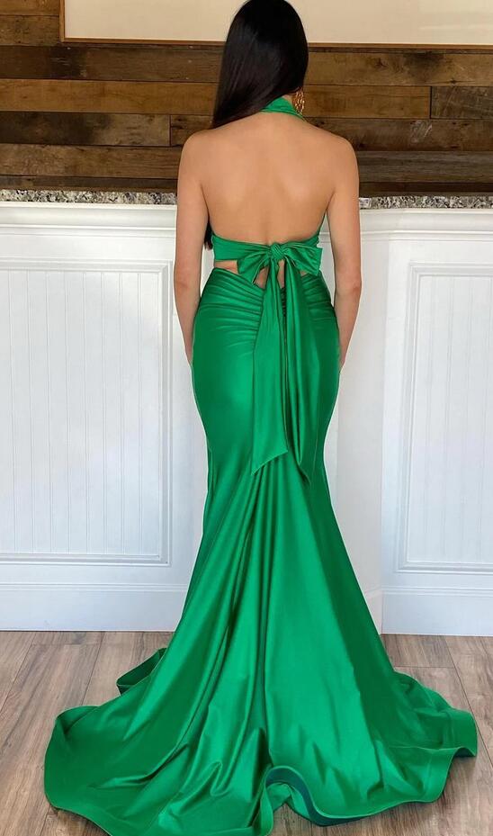 Halter Neck Two Pieces Mermaid Long Prom Dress with Slit