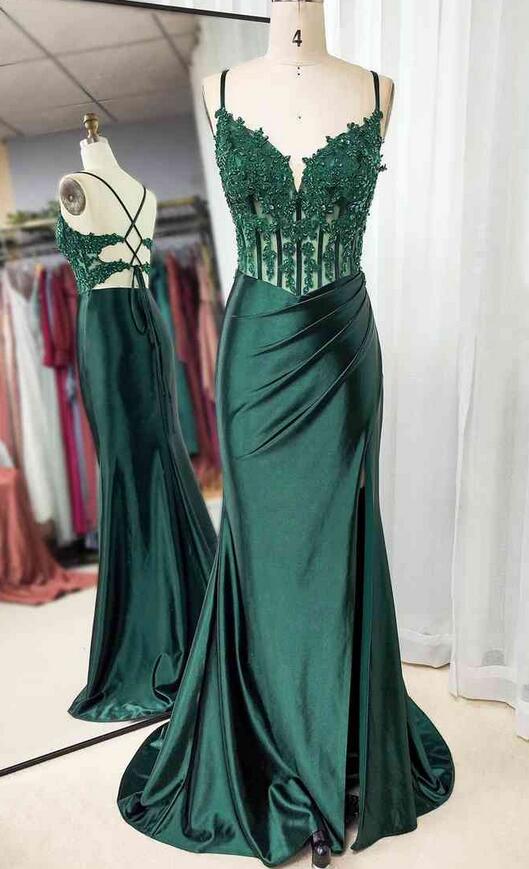 Straps Mermaid Long Prom Dress with Lace and Beading Top