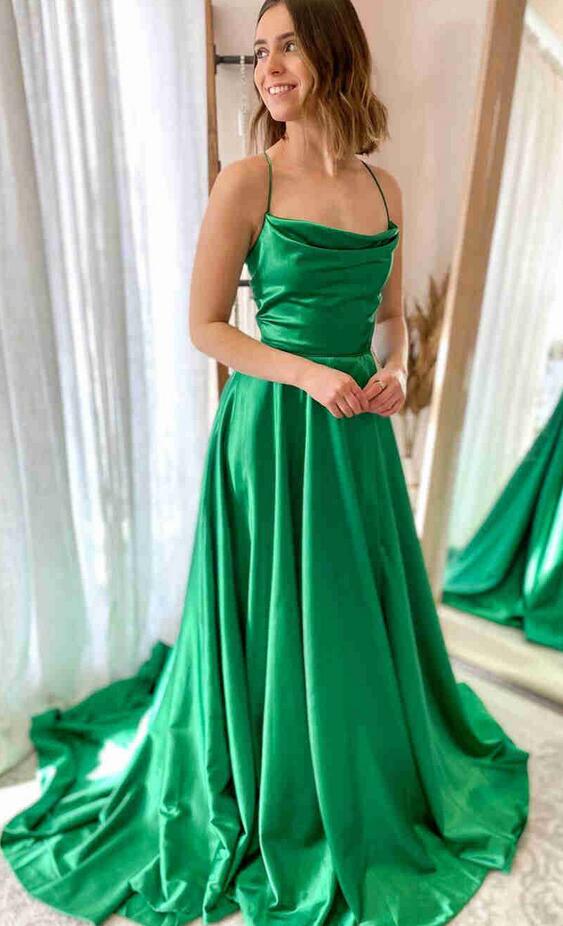 Cowl Neck Satin Long Prom Dress with Slit