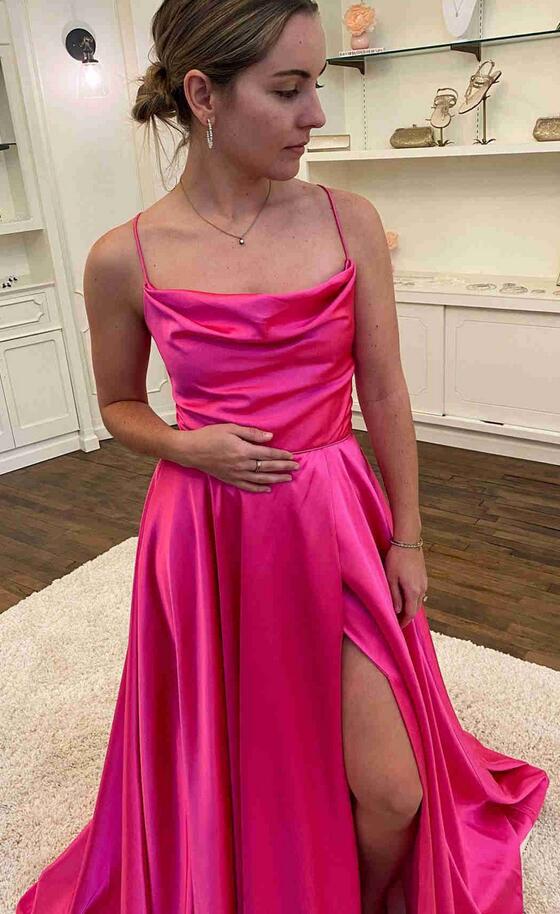 Cowl Neck Satin Long Prom Dress with Slit