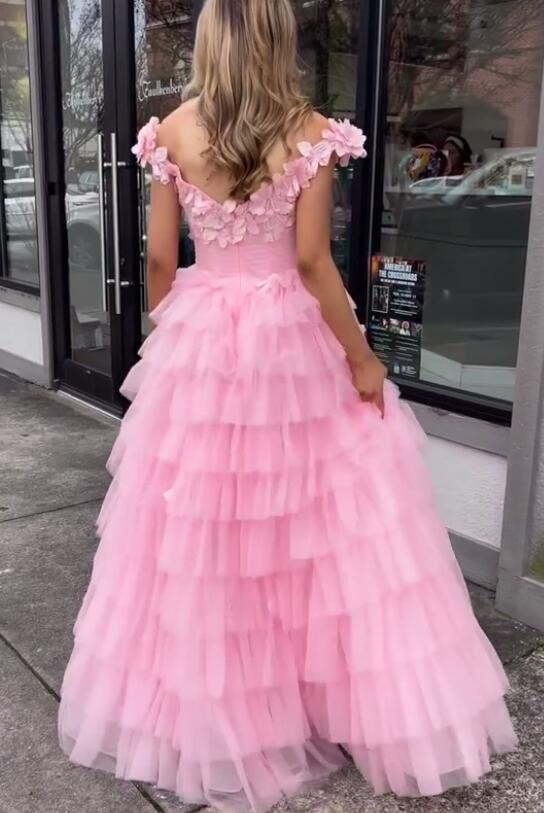 3D Floral Off-the-Shoulder Long Prom Dress with Ruffle Skirt