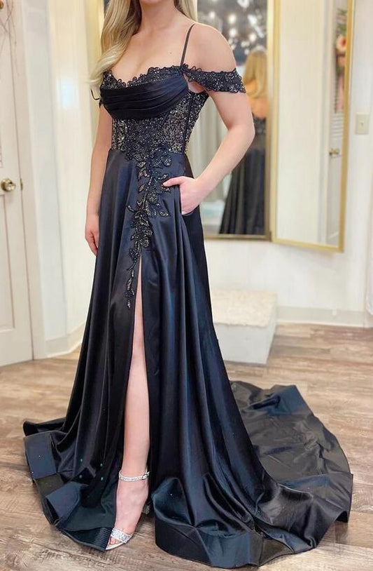 Cold-Shoulder Long Prom Dress with Appliques and Beading