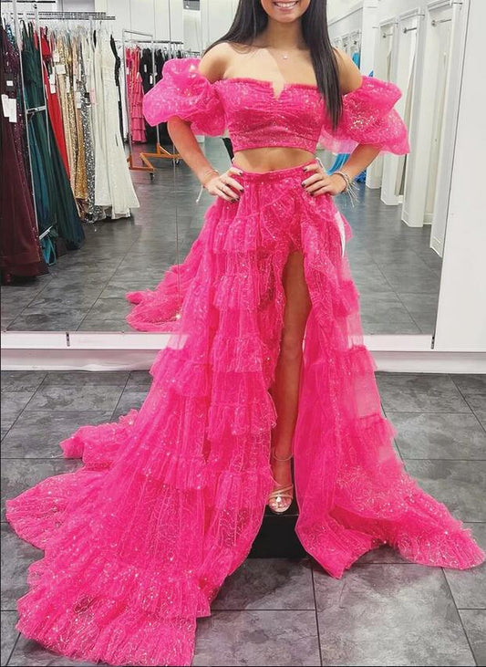Two-Piece Sparkly Tulle Prom Dress with Puff Sleeve and Ruffle Skirt