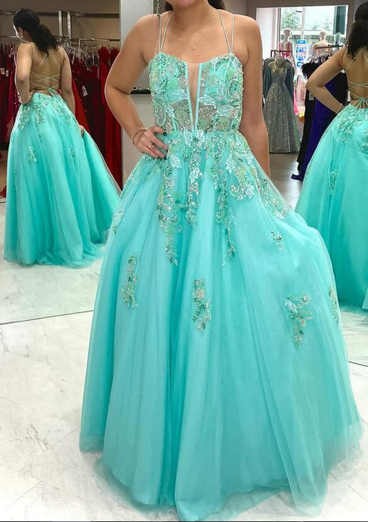 Straps Tulle Long Prom Dress with Appliques