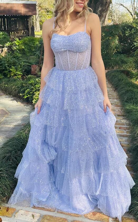 Straps Tulle Sequin Ruffle Tiered Long Prom Dress