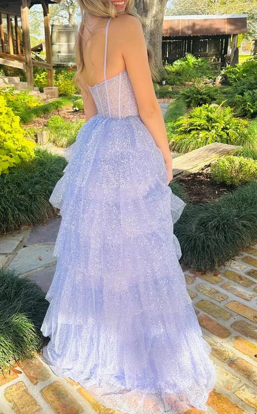Straps Tulle Sequin Ruffle Tiered Long Prom Dress