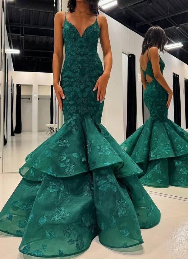 Straps Mermaid Lace Long Prom Dress with Ruffle Skirt