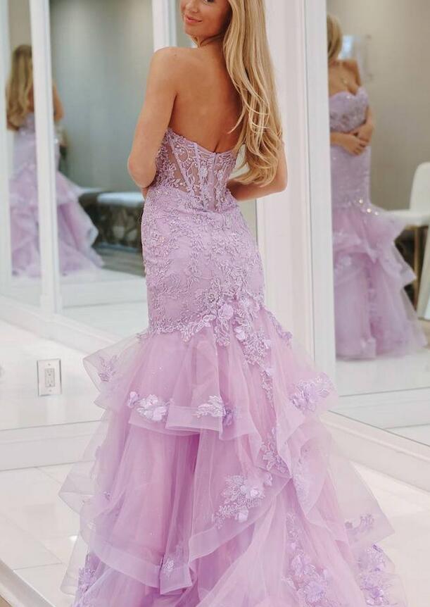 Strapless Mermaid Tulle/Lace Long Prom Dress with Ruffle Skirt