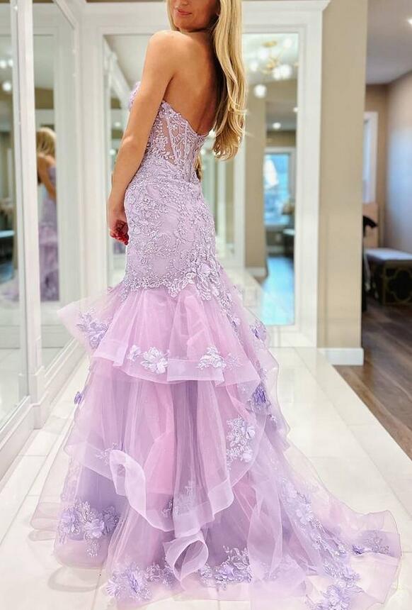 Strapless Mermaid Tulle/Lace Long Prom Dress with Ruffle Skirt