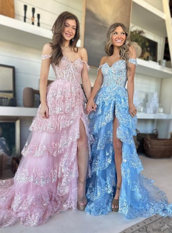 Lace Prom Dress Slit Skirt, Formal Dress, Evening Gown, Party Dresses PC1100