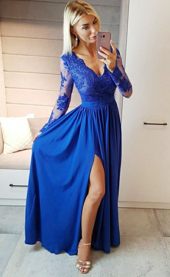 Long Sleeves Prom Dress Slit Skirt, Evening Dress, Pageant Dance Dresses, Graduation School Party Gown, PC0025 - Promcoming