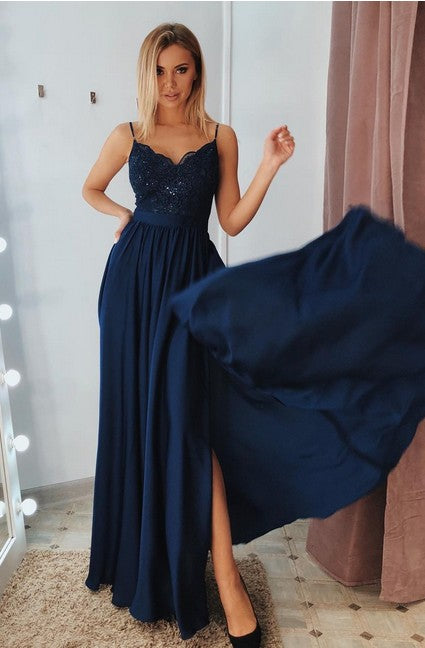Navy Prom Dress with Slit, Evening Dress ,Winter Formal Dress, Pageant Dance Dresses, Graduation School Party Gown, PC0165 - Promcoming