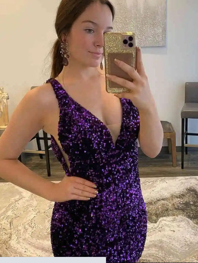 Purple Sequins Homecoming Dress One Shoulder Strap, Short Prom Dress ,Winter Formal Dress, Pageant Dance Dresses, Back To School Party Gown, PC0992