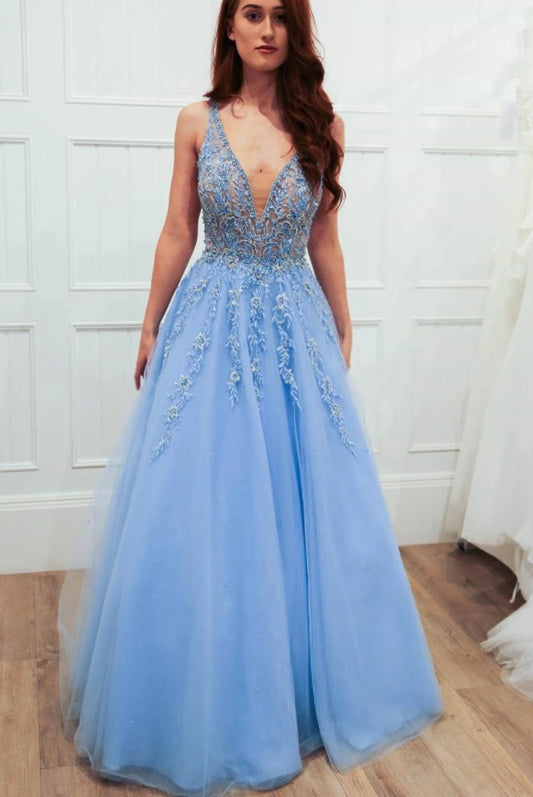 Light Blue Prom Dress V Neckline, Evening Dress ,Winter Formal Dress, Pageant Dance Dresses, Graduation School Party Gown, PC0241 - Promcoming