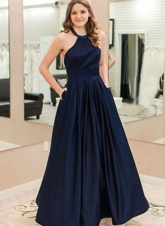 Navy Prom Dress Halter Neckline, Evening Dress ,Winter Formal Dress, Pageant Dance Dresses, Graduation School Party Gown, PC0121 - Promcoming