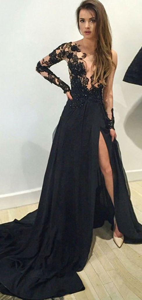 Sexy Black Prom Dress Slit Skirt, Evening Dress ,Winter Formal Dress, Pageant Dance Dresses, Graduation School Party Gown, PC0081 - Promcoming