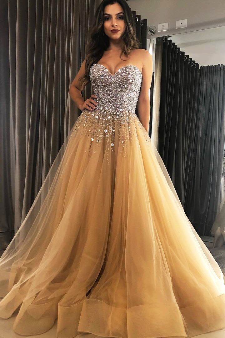 Champagne Gold Prom Dress with Crystals, Evening Dress ,Winter Formal Dress, Pageant Dance Dresses, Graduation School Party Gown, PC0320 - Promcoming