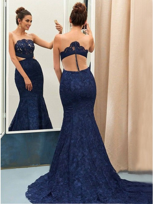 Mermaid Lace Prom Dress Navy Color, Evening Dress ,Winter Formal Dress, Pageant Dance Dresses, Graduation School Party Gown, PC0294 - Promcoming