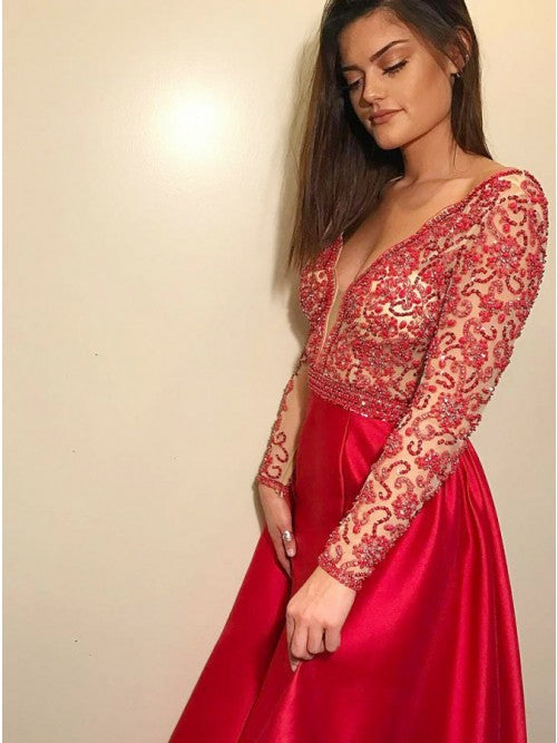 Red Prom Dress with Sleeves, Evening Dress ,Winter Formal Dress, Pageant Dance Dresses, Graduation School Party Gown, PC0300 - Promcoming