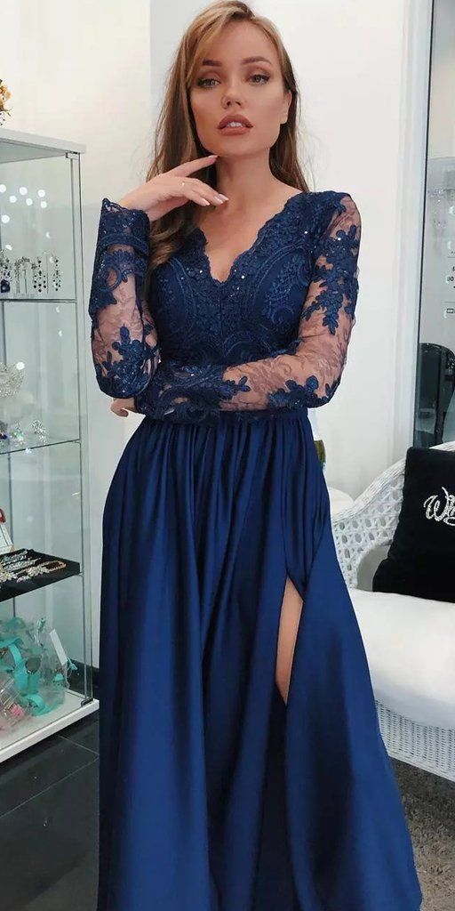 Navy Prom Dress with Sleeves, Evening Dress, Pageant Dance Dresses, Graduation School Party Gown, PC0006 - Promcoming