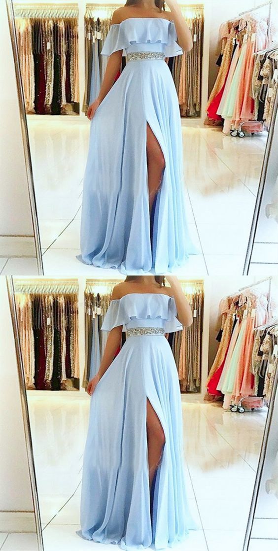 Sky Blue Prom Dress Slit Skirt, Formal Dress, Evening Dress, Dance Dresses, School Party Gown, PC0791