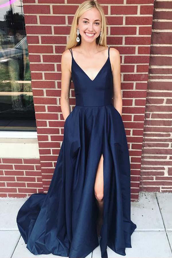 Navy Prom Dress with Slit, Evening Dress ,Winter Formal Dress, Pageant Dance Dresses, Graduation School Party Gown, PC0225 - Promcoming