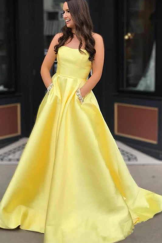 Yellow Satin Prom Dress with Pockets,  Formal Ball Dress, Evening Dress, Dance Dresses, School Party Gown, PC0964