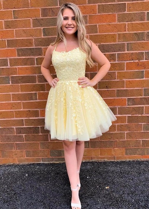 Yellow Lace Homecoming Dress, Short Prom Dress ,Winter Formal Dress, Pageant Dance Dresses, Back To School Party Gown, PC0974