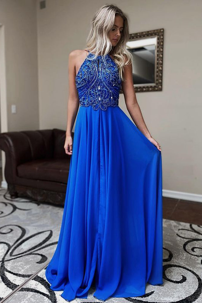 Royal Blue Prom Dress Halter Neckline, Formal Dress, Evening Dress, Dance Dresses, School Party Gown, PC0807